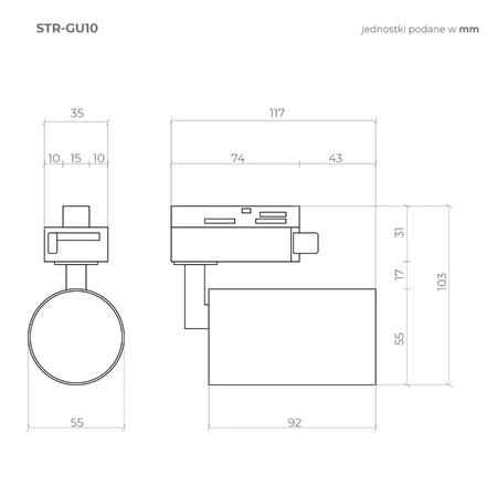 Zestaw oświetlenia szynowego X-LINE: 4 reflektory GU10, 2m szyny, złączka prosta, złoty