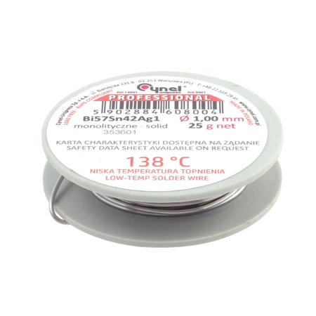 Cyna lutownicza niskotopliwa Bi57Sn42Ag1 bez topnika - 138°C – 1mm - Cynel 25 g