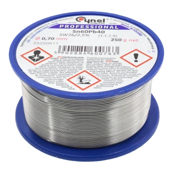 Cyna lutownicza z topnikiem SW26 - 0.7mm - spoiwo Sn60Pb40 Cynel 250g