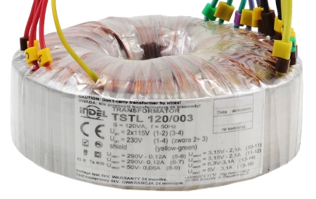 Transformator toroidalny lampowy TSTL 120/003, 120VA, 290V-0-290V + 50V + 3,15V-0-3,15V + 5V + 6,3V, Indel