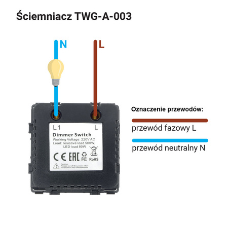 Ściemniacz 500W (80W LED) czarny podtynkowy (moduł bez ramki) - TAWOIA Glass