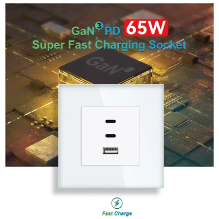Ładowarka USB A + 2xC 65W GaN biała podtynkowa z ramką szklaną - TAWOIA Glass