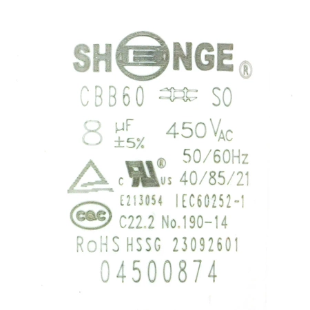Kondensator rozruchowy do silnika, CBB60 8uF 450Vac 35x60mm przewód