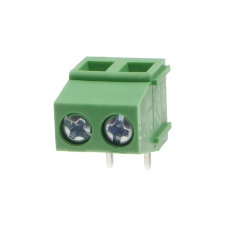 Złącze śrubowe do druku, 2 pola, raster 5mm, wysokość 10,2mm, wyprowadzenia kątowe, 300V / 10A, Degson DG128R