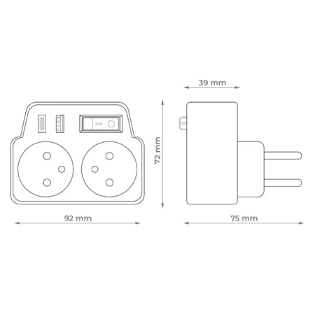 Rozgałęźnik wtykowy P905 DPM, 2 gniazda 2P+T 16 A, USB-A i USB-C 2,4 A, z włącznikiem, biało-szary