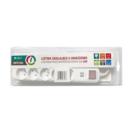 Listwa zasilająca 5 gniazd + 2x USB, włącznik, 3m, 10A, 2300W, 3G1, filtr przeciwprzepięciowy, biała