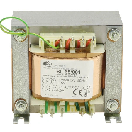 Transformator sieciowy lampowy TSL 65/001, 65VA, 250 lub 300V 0,15A, 6,7V/4,5A, pierwotne 230V lub 2 × 115V, Indel
