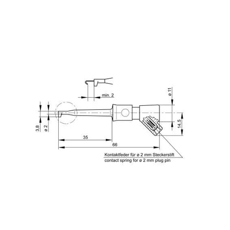 Chwytak haczykowy miniaturowy 66mm z gniazdem 2mm, czarny