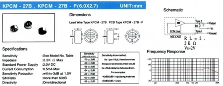 Mikrofon pojemnościowy elektretowy 6 × 2,7 mm, 4,5 V, z polami lutowniczymi, KPCM27B