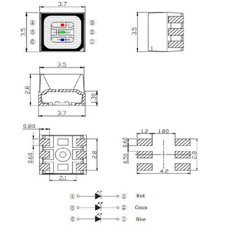 Dioda LED RGB SMD 3537 PLCC-2-6 800/1500/500 mcd, kąt 120° do układów elektronicznych