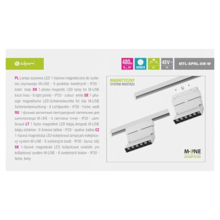 Reflektor szynowy magnetyczny liniowy regulowany 6W 480lm 4000K biały M-LINE