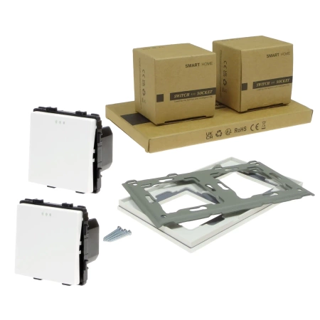 Włącznik światła + włącznik schodowy z ramką szklaną podwójną - biały - Tawoia Glass