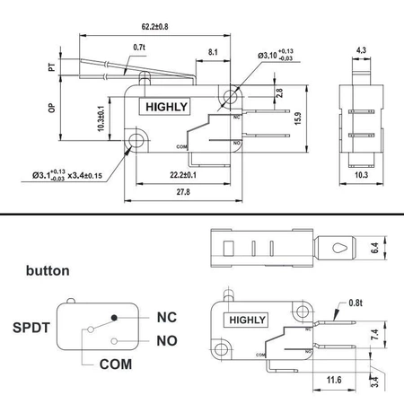 Przełącznik krańcowy ON-(ON) dźwignia 54.1mm, VS15N03-1C