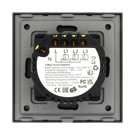 Włącznik potrójny 600W - dotykowy szklany panel czarny - podtynkowy - TAWOIA Glass