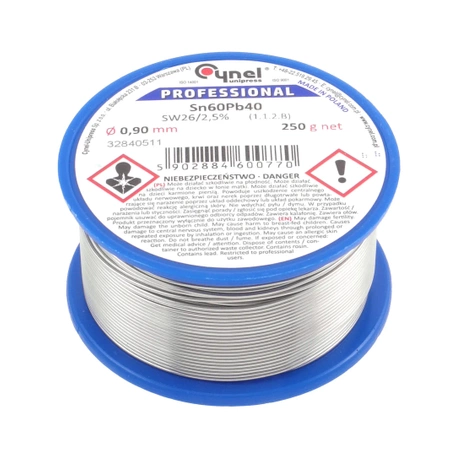 Cyna lutownicza z topnikiem SW26 - 0.9mm - spoiwo Sn60Pb40 Cynel 250g