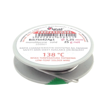 Cyna lutownicza niskotopliwa Bi57Sn42Ag1 bez topnika, 138°C, średnica 1,25 mm, szpula 25 g, Cynel