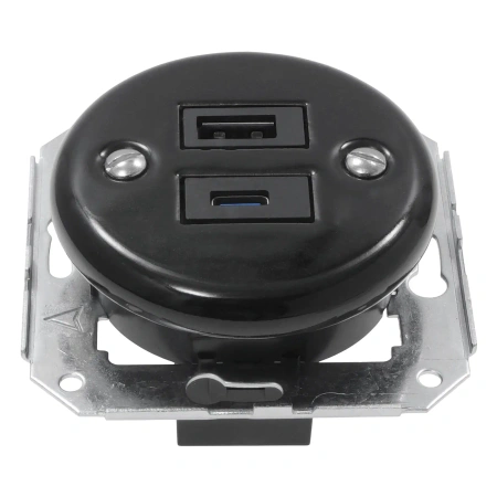 2x Gniazdko Schuko okrągłe + Gniazdko USB A+C 4A czarne z ramką potrójną ciemne drewno, montaż podtynkowy, Ceramic Loft