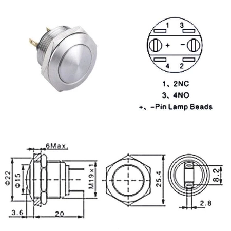 Przycisk wandaloodporny 19mm wypukły chromowany W19B10R