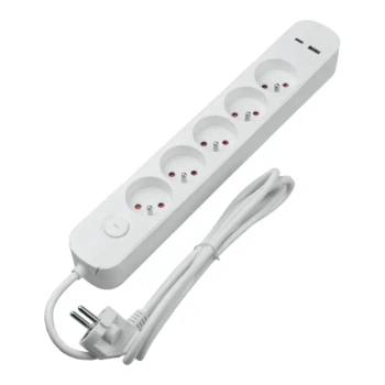 Listwa zasilająca 5 gniazd z USB-A i USB-C FMP5215W DPM, z wyłącznikiem, przewód 1,5 m, biała