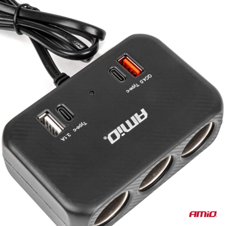 Rozgałęziacz gniazda zapalniczki z ładowarką 1x USB A 1x USB C QC 4.0 12/24V 120W szybkie ładowanie, kabel 80cm, AMIO-04365