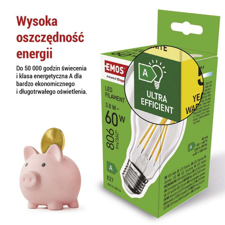Żarówka LED E27 bańka A60, 3,8 W, odpowiednik 60 W, ciepła biel, 806 lm, filament, EMOS ZAR-E-ZF5147