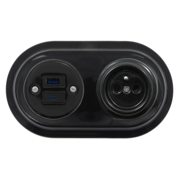 Gniazdo USB A+C 4A + Gniazdo elektryczne okrągłe z ramką podwójną, czarne, montaż podtynkowy, Ceramic Loft