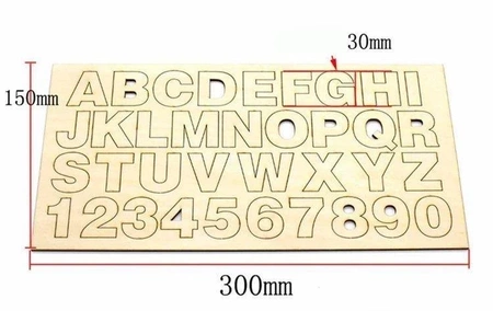 Sklejka drewniana z alfabetem i cyframi 0-9 - Formatka 300x150x3mm - literki