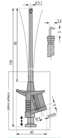 Chwytak haczykowy 158mm z gniazdem 4mm, elastyczny, bezpieczny, czarny