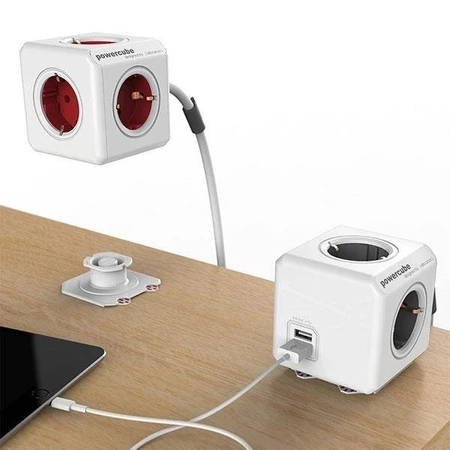 Przedłużacz PowerCube Extended USB 1.5m, rozgałęźnik 4 gniazda + 2x USB, czerwony
