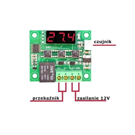 Termostat W1209, zakres -50 do 110°C, zasilanie 12 V, sonda NTC 10K, obciążalność 2300 W