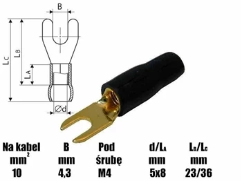 Końcówka widełkowa M4 izolowana, 4.3mm, złocona, na przewód 10mm, SGE czarny