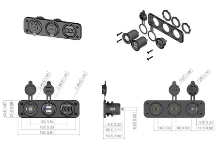 Gniazdo zapalniczki samochodowej + 2x USB + woltomierz, hermetyczne, do montażu
