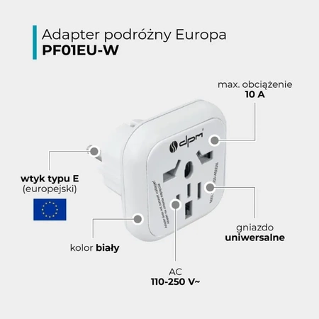 Adapter podrozny na wtyk europejski, gniazdo uniwersalne, 250 V 10 A, bialy, DPM PF01EU-W