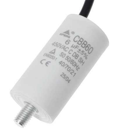 Kondensator rozruchowy do silnika 6µF 450VAC, CBB60, przewody 15 cm, Ø30 × 57 mm, EPERS