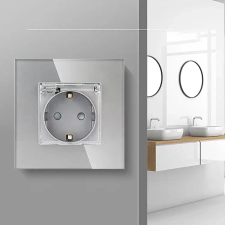Gniazdo elektryczne Schuko IP44 z klapką - szklana ramka - szare - Tawoia Glass