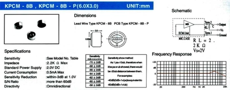 Mikrofon pojemnościowy elektretowy 6 × 3 mm, 2 V, z polami lutowniczymi, KPCM8B