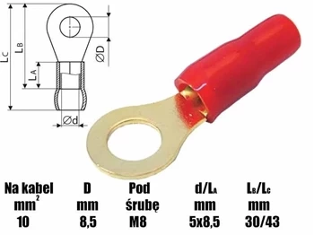 Końcówka oczkowa izolowana M8 10mm² - złocona - końcówka kablowa SGE