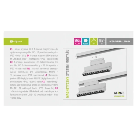 Reflektor szynowy magnetyczny liniowy regulowany 12W 960lm 4000K biały M-LINE