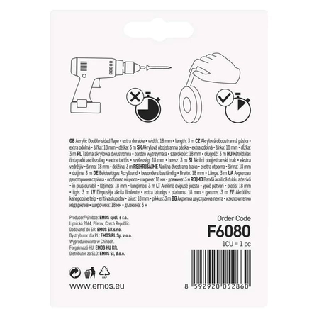 Akrylowa taśma dwustronna 18mm, długość 3m, udźwig 2 kg/30 cm