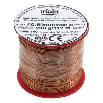 Drut nawojowy emaliowany 0,50 mm, DNE 180, miedź, szpulka 200 g, ok. 112 m