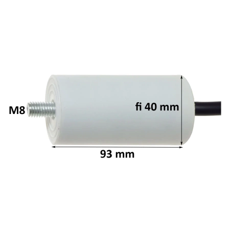 Kondensator rozruchowy do silnika 25uF 450VAC, przewody 15cm, 40x93mm
