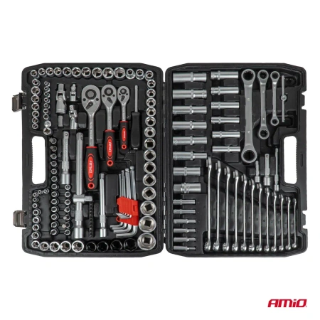 Zestaw 150 narzędzi: nasadki 1/4", 3/8" i 1/2", Torx E, klucze płasko-oczkowe, imbusy, w walizce - AMiO 05019