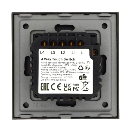 Włącznik dotykowy szklany poczwórny 600W - czarny - Tawoia Glass