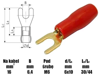 Końcówka widełkowa M6 izolowana, 6.4mm, złocona, na przewód 16mm, SGE