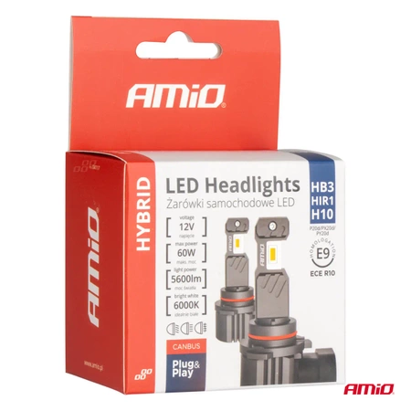 Żarówka samochodowa LED 2szt HB3 HIR1 H10 6000K Canbus 60W AMIO-04117 seria HYBRID AMIO-04117