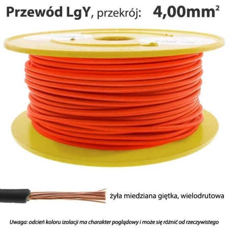 Przewód instalacyjny miedziany wielożyłowy LgY 4.00mm, linka, czerwony, 1mb