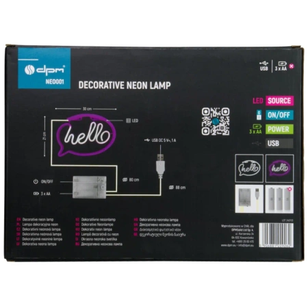 Neon LED "hello", dekoracja LED 30x21cm, zasilanie z baterii lub USB