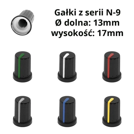 Gałka do potencjometru na oś 6mm - 13x17mm - czarna, zielony znacznik - N-9