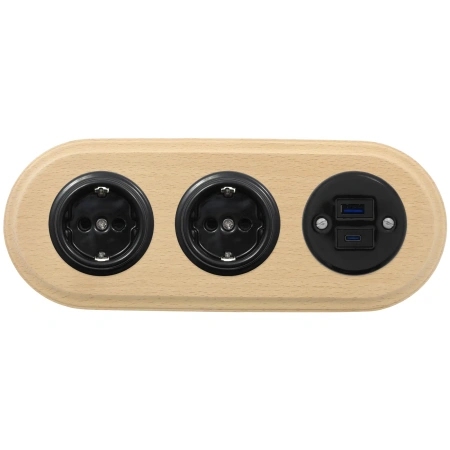 2x Gniazdo Schuko okrągłe + Gniazdo USB A+C 4A czarne z ramką potrójną jasne drewno, montaż podtynkowy, Ceramic Loft