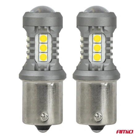 Żarówki LED BAU15S PY21W, światło białe, do lamp z pomarańczowym kloszem, 12/24 V, 15 diod SMD, 2 szt. - AMiO 05001